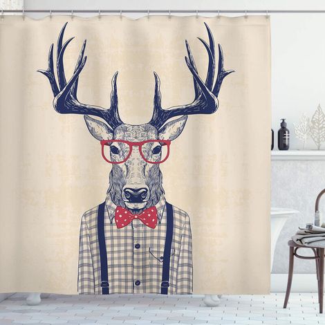 Branché Rideau de Douche, Cerfs avec Jazz Humorous Bow, Tissu Ensemble de Décor de Salle de Bain avec Crochets, 180 cm x 180 cm, Indigo foncé Corail (1/5)