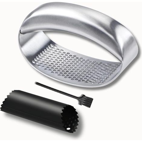2 prensas de ajo de acero inoxidable con equilibrio robusto, picador de ajo manual de acero inoxidable, prensa de ajo para patatas con pelador de silicona, innovadora prensa de ajo circular con rodill (1/5)
