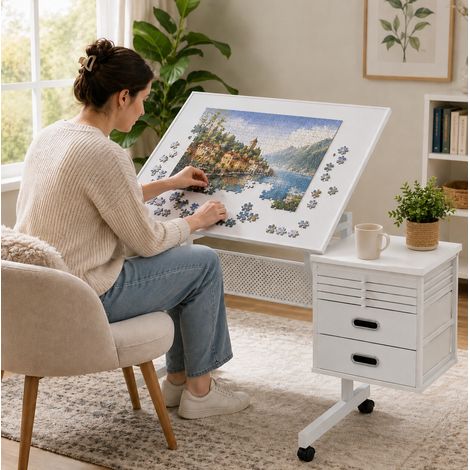 Tavolo per puzzle regolabile 89x64x78,5 cm in MDF e metallo bianco con vano FloraGrace (1/5)