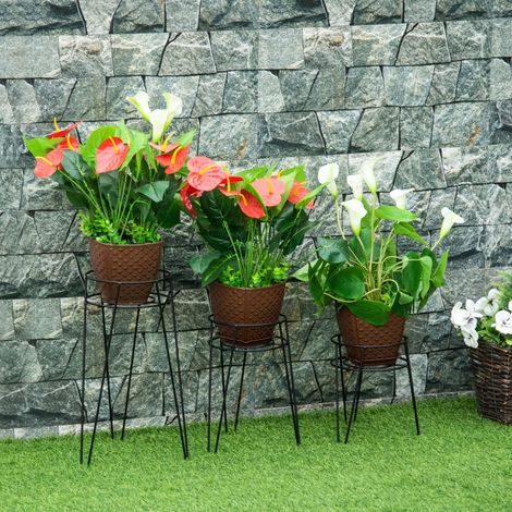 Ensemble de 3 supports à fleurs en métal noir, hauteur réglable, pour pots Ø jusqu’à 16 cm – tabourets déco jardin intérieur balcon (1/4)
