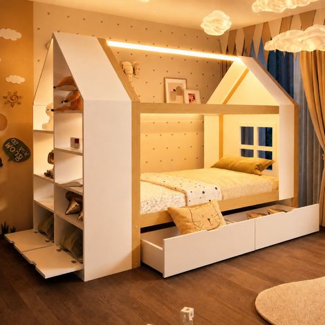 Letto bambino 90x200 cm in legno e MDF con contenitori, LED, bianco e legno naturale OKMYHOME (1/5)