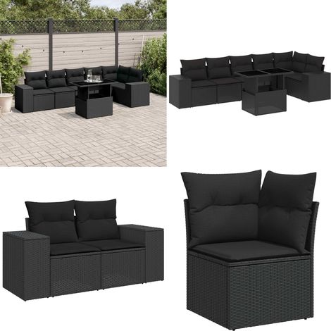 Salon de jardin 7 pcs avec coussins noir résine tressée - Ensemble Salon De Jardin - Meuble Extérieur - Jardin Design - Mobilier De Jardin - Chaise Lounge - Home & Living (1/5)