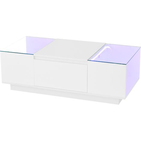 Mesa de centro moderna 105 cm blanca brillo con LED, tapa de cristal y 2 cajones (1/5)