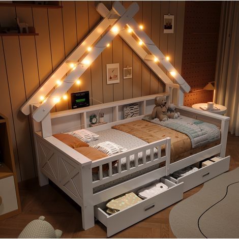 Letto per bambini a casetta 90x200 cm con LED, contenitori e sponde, bianco DESVIAE (1/5)