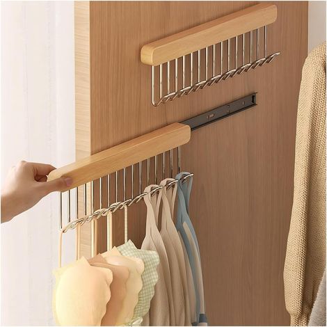 Lot de 2 porte-ceintures extractibles, 8 crochets, bois et acier, pour placard, organisateur mural (1/4)