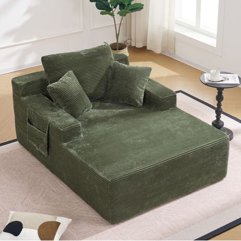 Divano chaise longue 150x110x70 cm verde, tasche laterali, tessuto a coste, senza montaggio MEUBLIV (1/5)