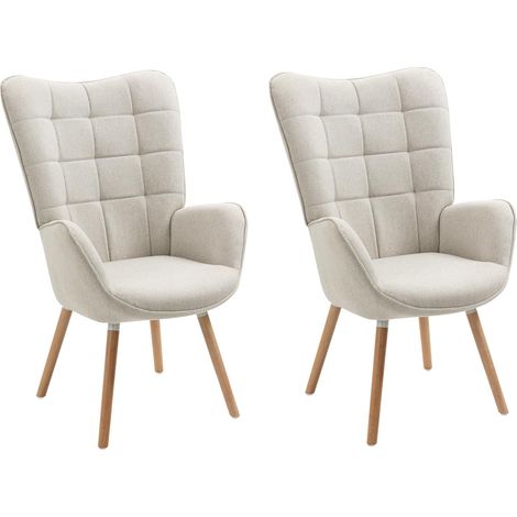 Meuble Lot de 2 Fauteuil Salon Scandinave Confortable Chaise de Coiffeuse Canapé Allaitement avec Assise Épais Accoudoirs Rembourés en Tissu Pieds Bois Massif, Beige (1/5)
