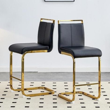 Tabouret de bar - KOMHTOM - Modèle standard - Noir - Pieds métal doré - Assise et dossier en PU (1/5)