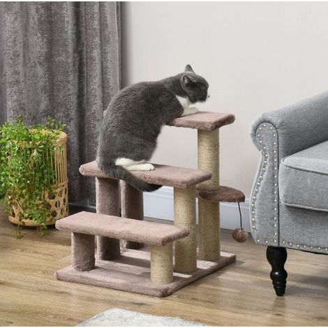 Arbre à chat escalier pour animaux 3 marches avec balle, 45 x 40 x 48 cm, marron OKMYHOME (1/5)