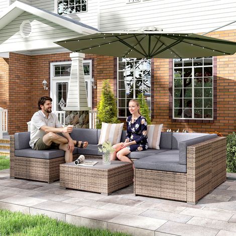 Salotto da Giardino in Rattan da 7 Pezzi con Tavolino e Divano Modulabile con Cuscini, Grigio (1/5)