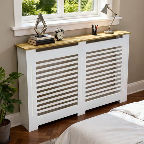 Tall 92cm Radiator Cover MDF Modern Cabinet Horizontal Slatted Grill Wood Texture Top, Large 152 x 20 x 92.5 cm