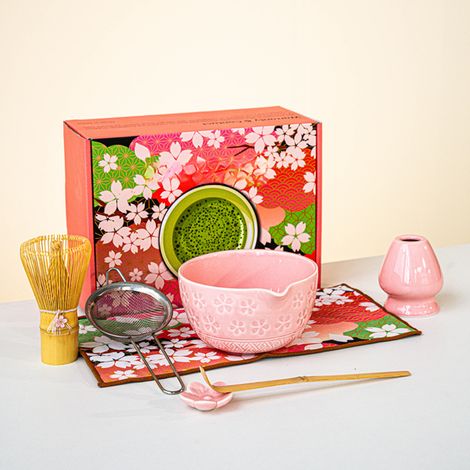 Japanisches Matcha-Tee-Set mit Kirschblütenmuster, Matcha-Schale aus Keramik mit Öffnung, Baiben Li Geschenkbox, hochwertig, rosa, 7-teilig (1/5)