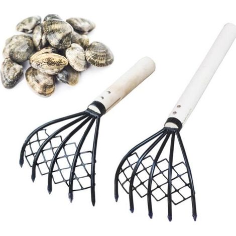 Set of 2 steel clam rakes with wooden handles, includes mesh bag. Perfect for shellfish harvesting.