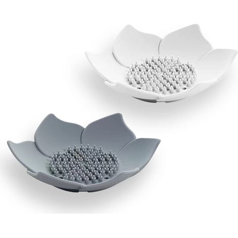 Porte-savon 2 pièces avec égouttoir, porte-savon pour cuisine, salle de bain, douche, porte-savon en forme de pétale (blanc et gris)