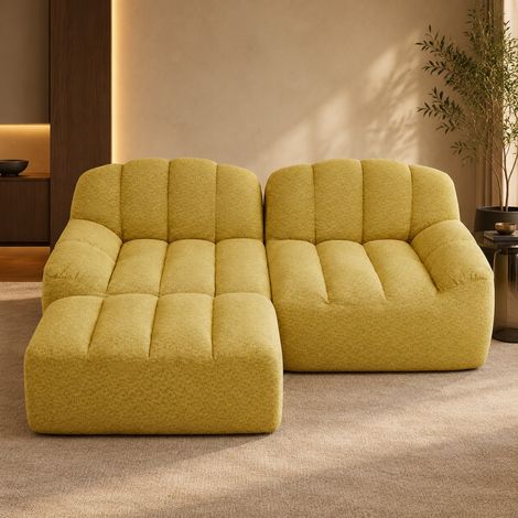 REDOM Modulares 2-Sitzer-L-Sofa mit Ottomane, gelber Strukturstoff, 210 x 165 x 79 cm (1/5)