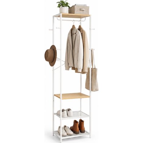 Relaxdays Garderobenständer, 4 Ablagen & 8 Haken, HBT: 181x40x28 cm, Jackenständer mit Stange, Flur, Metall, natur-weiß (1/5)