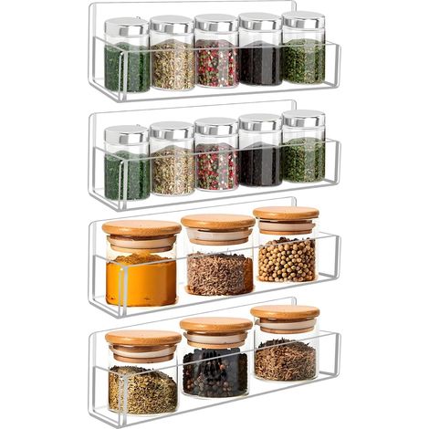 Rack À Épices Murale - Acrylique Transparent - 23 cm - Pour Porte De Placard Ou Mur De Cuisine - Fixation Adhésive Ou Visée - Lot De 4 (1/5)