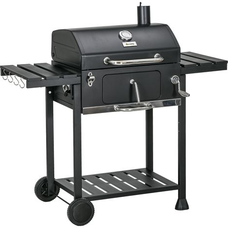 Barbecue a carbone con 2 griglie, ripiani pieghevoli e carrello in acciaio nero (1/5)