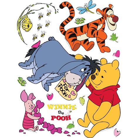 sticker mural Winnie l'ourson jaune, orange, rose et bleu  - Disney