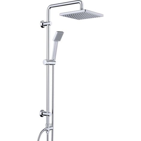 JOHO Duschsäule ohne Armatur – Duschsystem zur Wandmontage mit eckiger Regendusche 20x20 cm aus ABS, feste Edelstahl-Duschstange, Handbrause, Chrom