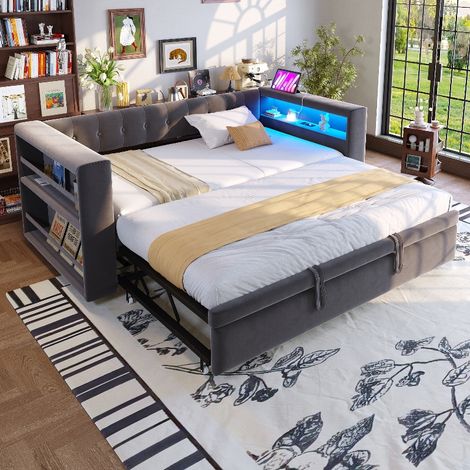 Multifunktionales Polsterbett ausziehbar mit Stauraum, LED-Beleuchtung & Steckdose, Schlafsofa 90/180x190 cm, Gästebett Dunkelgrau (1/5)