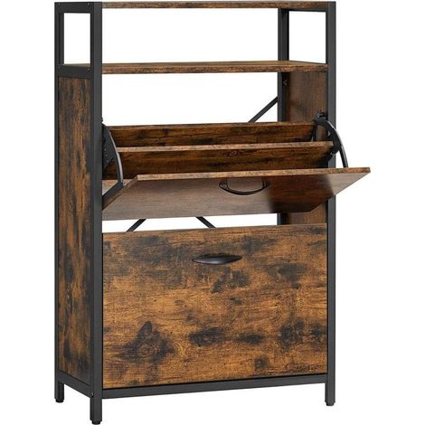 VASAGLE Scarpiera con 2 Scomparti a Ribalta, Portascarpe da Ingresso con Ripiano Aperto, Divisori Interni, per 8-12 Paia, 60 x 30 x 95 cm, Marrone Vintage e Nero LBS800B01 (1/5)