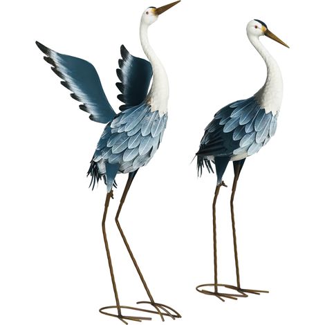 Set di 2 statue da giardino per esterni, sculture di aironi in acciaio per laghetto, patio, terrazzo, prato, 74/70 cm, multicolore