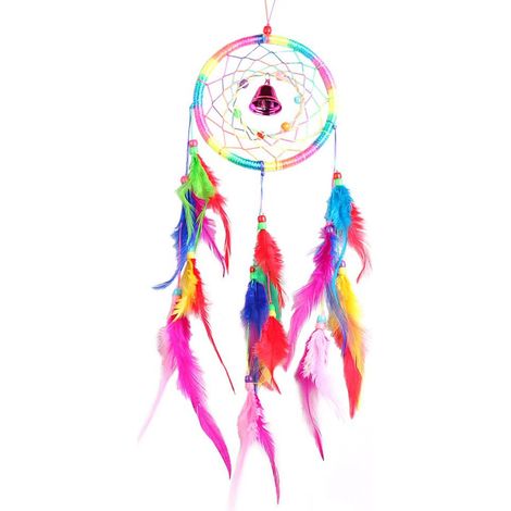 Attrape-rêves artisanal orné de plumes et de clochettes, à suspendre au mur, décoration ethnique (1/2)