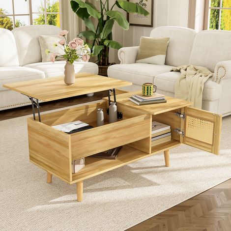 Table basse relevable en bois avec espace de rangement, table d’appoint pour salon avec 2 portes en rotin, 103×50×46/60 cm, naturelle (1/5)