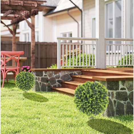 2 boules de buis artificiel 40x40x56 cm en plastique vert avec piquet pour jardin FloraGrace (1/5)
