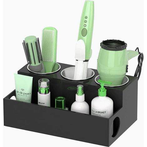 Organizador de herramientas para el cabello, soporte de acrílico negro para secador y estilista, soporte para secador de pelo de encimera de baño