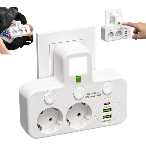 Multiprise Murale 5 en 1 : Bloc 2 Prises françaises + 3 Ports USB (1 USB-C PD20W), Multiprise électrique avec Interrupteur, Charge Rapide (1/5)