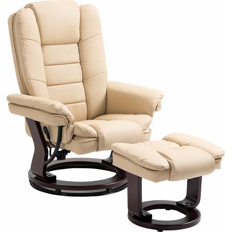 Comodissima poltrona reclinabile a 135° con rotazione a 360°, poggiapiedi e rivestimento in similpelle beige.