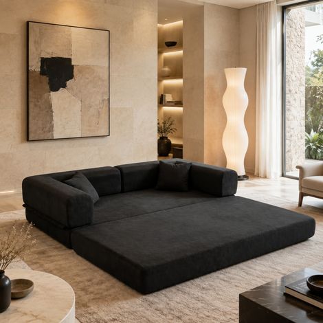 Sofá cama convertible de suelo de 3 plazas, configuración ajustable, cojines mullidos, estructura de forma fija, pana negra (1/5)