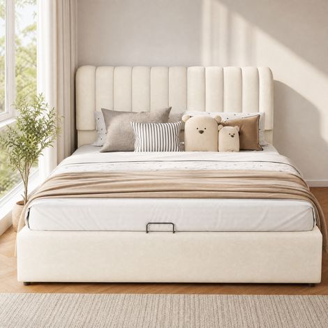 Letto matrimoniale contenitore velluto beige 140x200 OKMYHOME (1/5)