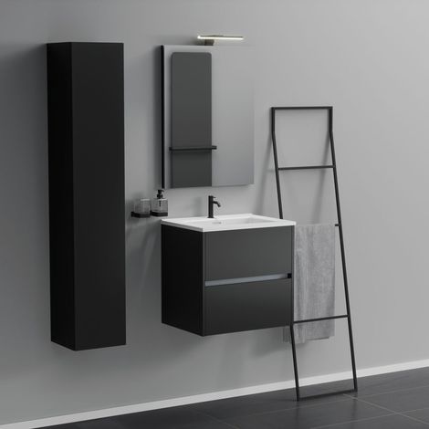Inda - Badezimmerschrank 2 Schubladen L.60 mit Waschbecken, Spiegel und Lampe - Mattschwarz