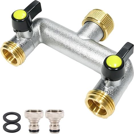 Répartiteur d’Eau pour Robinet 2 Voies, Distributeur 3/4 Pouce en Alliage de Zinc avec Poignées Allongées et Robinets d’Arrêt Individuels, Adaptateurs 1/2 Pouce pour Tuyaux d’Arrosage (1/5)