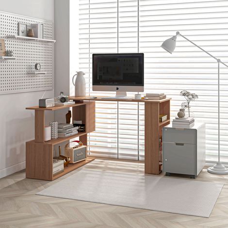Bureau d'angle réversible avec 5 étagères de rangement. Bureau d'angle en bois pour ordinateur. Idéal pour le bureau, le salon et le bureau. Style industriel. 120 x 110 x 74,5 cm. Couleur érable.