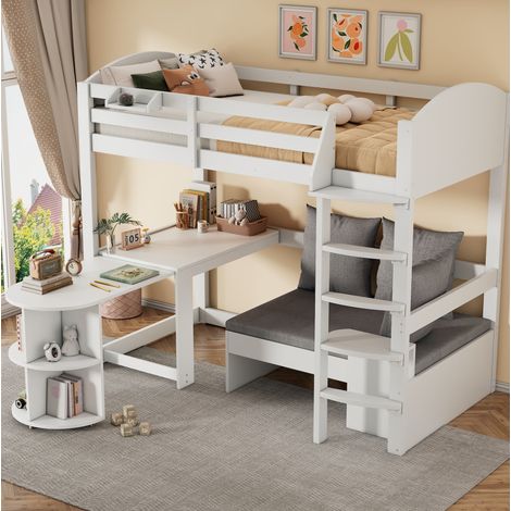 Letto a soppalco in legno massello e MDF bianco 90x200 cm con scrivania estraibile, divanetto contenitore e rete inclusa (1/4)