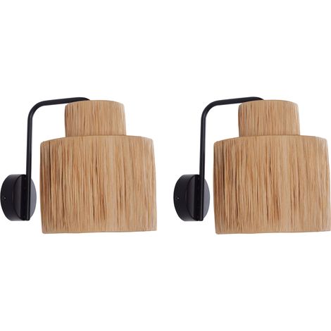 Conjunto de 2 lámparas de pared rafia hoja de palma base de metal hecho a mano estilo boho natural Shinfa