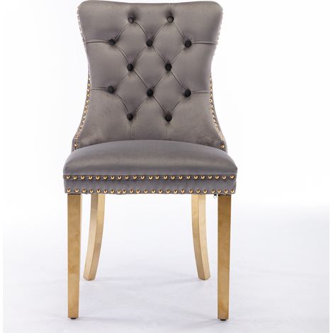 Chaise de salle à manger design haut de gamme, bois massif et velours gris, piètement acier doré, capitonnage clouté, lot de 2, style contemporain Nikki, A&A Furniture DE1601GY (1/5)