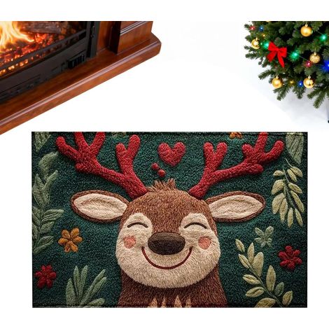 Paillasson de Noël Motif Renne - Style campagnard rétro antidérapant - 60 x 40 cm - Doux et Lavable - paillasson de Noël pour Porche (1/5)