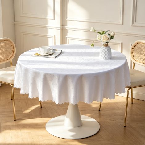Nappe ronde blanche imperméable et anti-tache 140 cm - Nappe de table salle à manger lavable - Nappe cuisine design scandinave (1/5)