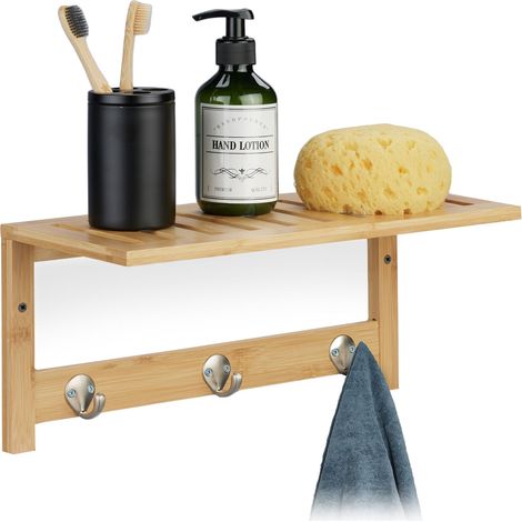 Relaxdays Perchero de Pared con 3 Ganchos y Estante, Recibidor, Cocina, 18 x 37,5 x 16 cm, Toallero de Baño, Natural