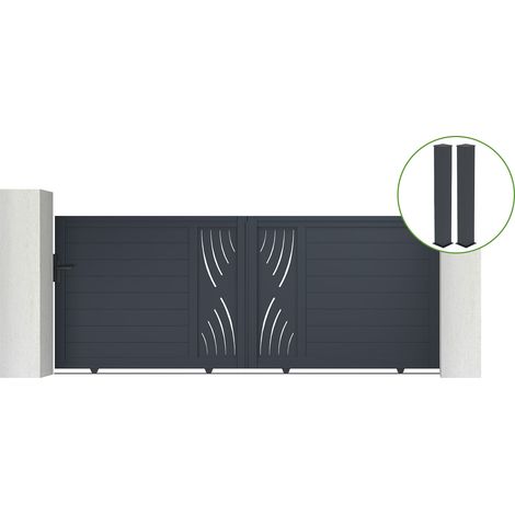 Schiebetor 3,5 m VELETA H.140 cm graues Aluminium + 2 Pfosten 20 x 20 cm H. 166 (1/5)