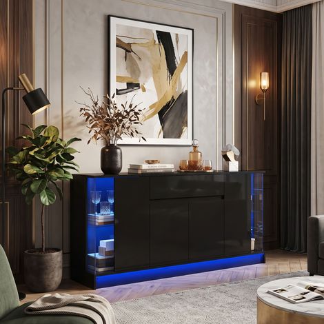 Creahappy Enfilade Buffet LED Connecté 150x40x75 cm - Grand Rangement Salon - Finition Haute Brillance & Vitrines Verre - Noir (1/5)