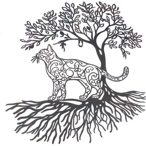 Baum-Wandschmuck mit ethnischer Katze als Heimdekoration aus Metall