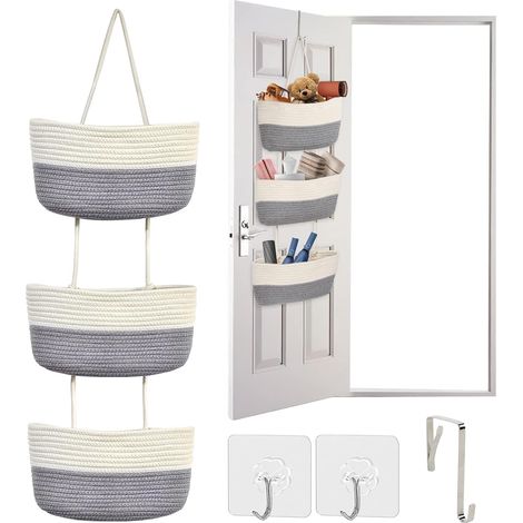 Mueble de almacenamiento de tela – 3 bolsillos + ganchos – blanco/gris – dormitorio/baño/cocina (1/5)