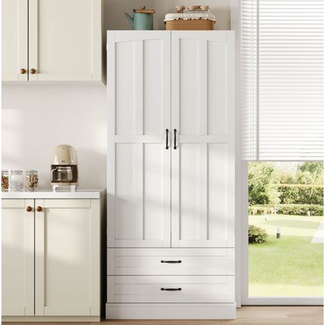 Credenza alta da cucina in MDF bianco con 3 ripiani estraibili, 2 cassetti e ante doppie (1/5)