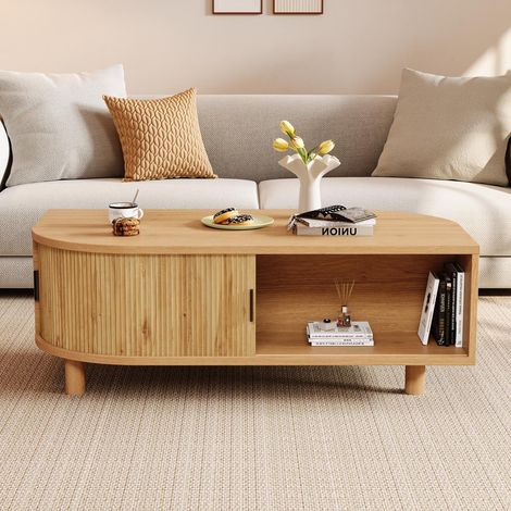 Tavolino da salotto - 100 x 50 x 35 cm - con 2 ante scorrevoli, spazio di archiviazione, gambe in legno, stile scandinavo, mdf, naturale (1/5)